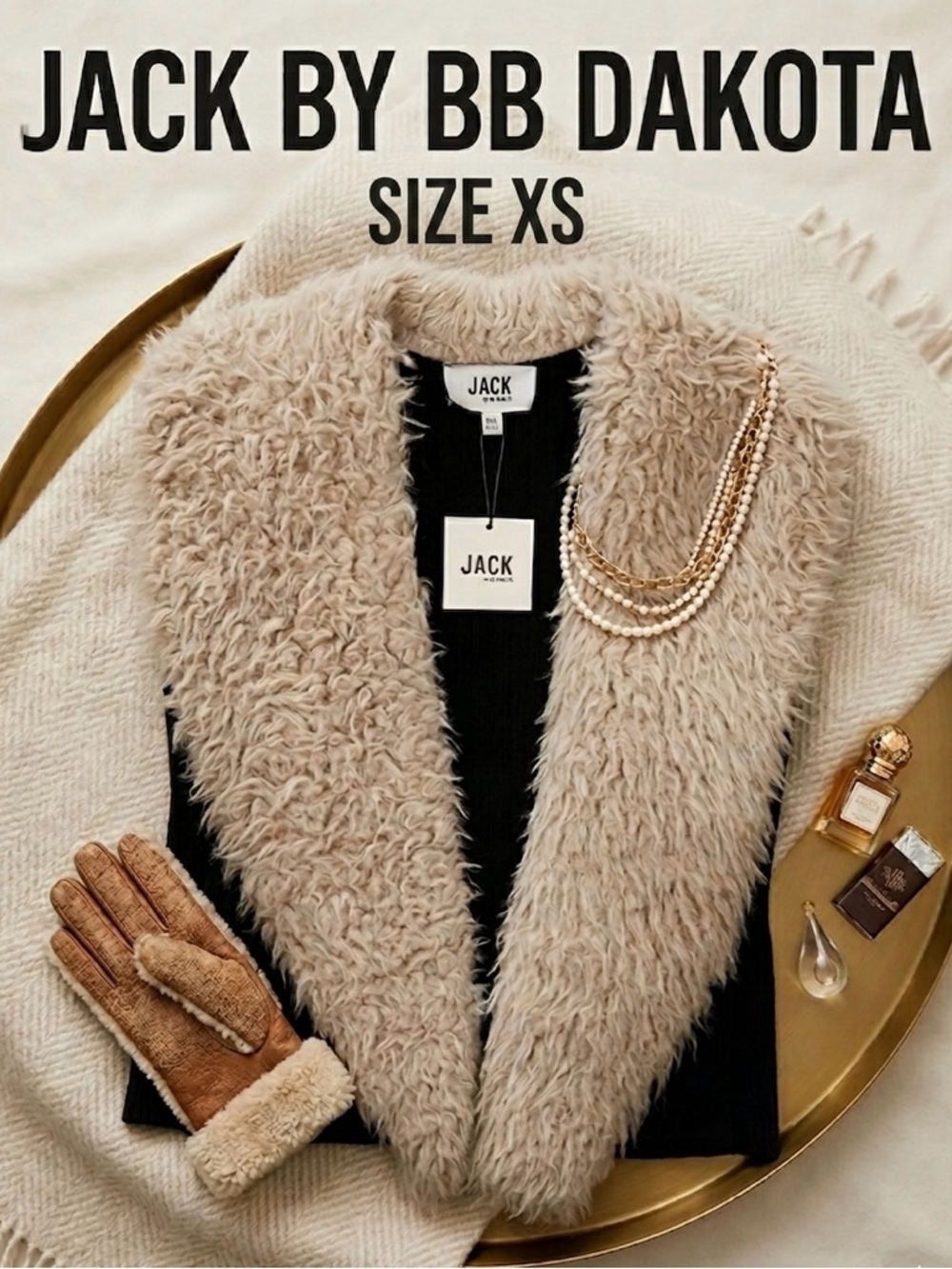 JACK BB DAKOTA NWT! Faux Sherpa Fur Vest Faux Suede Black/Cream Open Front XS